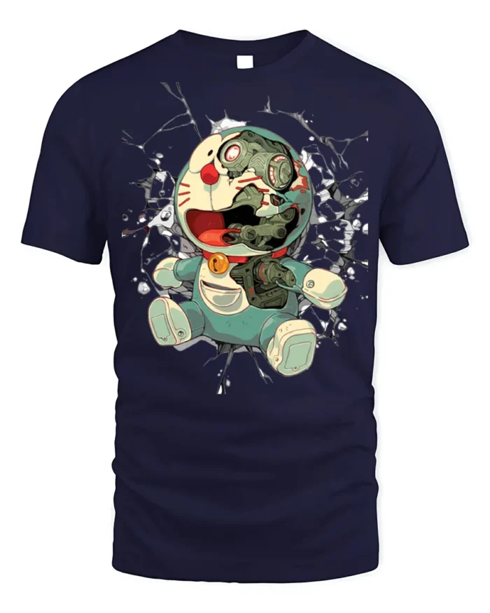 Cyborg Anime Robot T-Shirt with Broken Face Art - navy t-shirt on white background