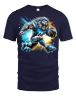 Lion Football Player T-Shirt Cool Sports Graphic Tee - navy t-shirt on white background