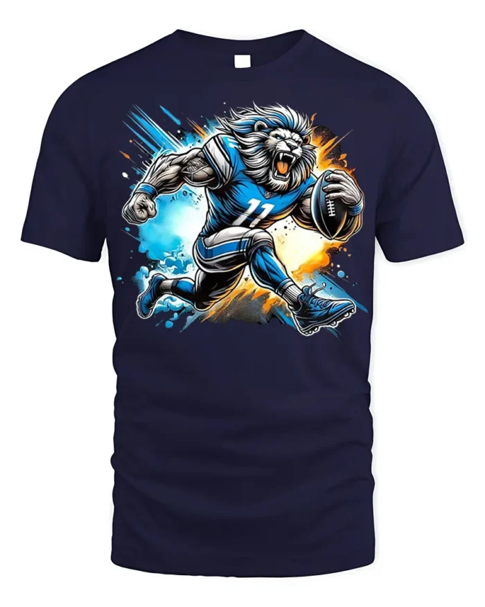 Lion Football Player T-Shirt Cool Sports Graphic Tee - navy t-shirt on white background