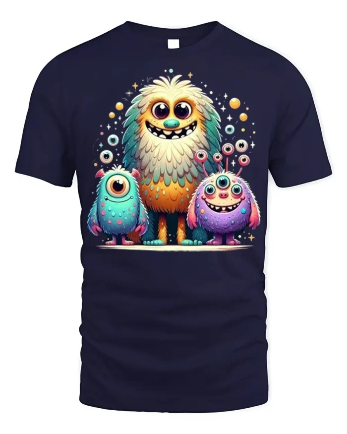 Cute Colorful Monster Family T-Shirt for Kids and Fun - navy t-shirt on white background