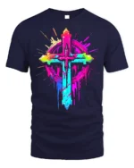 Neon Christian Cross T-Shirt Vibrant Faith Graphic - navy t-shirt on white background