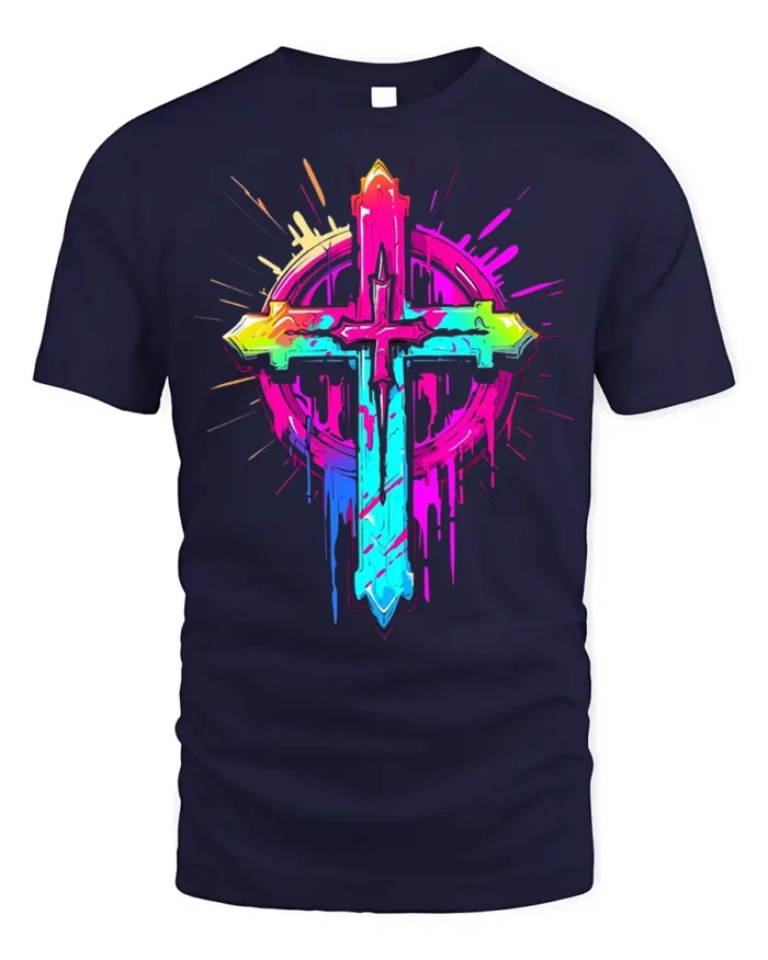 Neon Christian Cross T-Shirt Vibrant Faith Graphic - navy t-shirt on white background