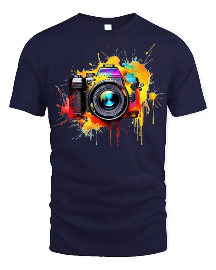 Colorful Camera Photographer T-Shirt Retro Art Style - navy t-shirt on white background