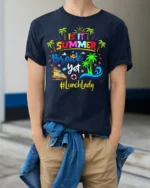 Is It Summer Break Yet Lunch Lady T-Shirt Funny Gift - model wearing navy shirt, hands in pockets