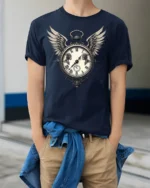 Vintage Winged Clock T-Shirt Gothic Steampunk Design - model wearing navy shirt, hands in pockets