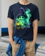 Cute Halloween Witch Ghost T-Shirt for Spooky Fun - model wearing navy shirt, hands in pockets