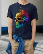 Rainbow Flame Skull T-Shirt for Bold Style Lovers - model wearing navy shirt, hands in pockets
