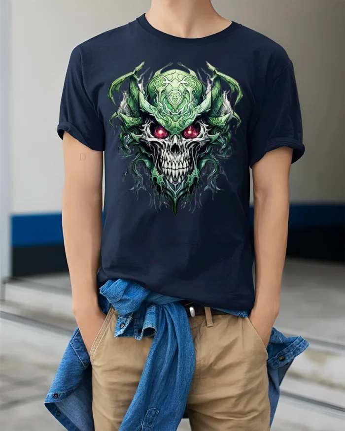 Dark Demon Skull T-Shirt with Glowing Red Eyes - model wearing navy shirt, hands in pockets