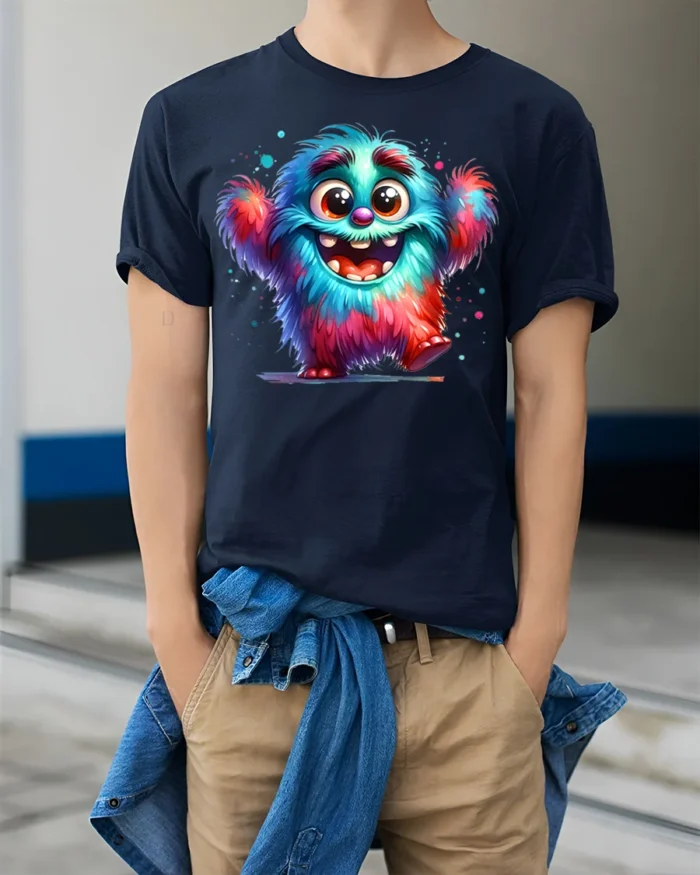 Colorful Happy Monster T-Shirt for Fun-Loving Vibes - model wearing navy shirt, hands in pockets
