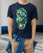 Three-Headed Green Wolf T-Shirt for Mythic Power - model wearing navy shirt, hands in pockets
