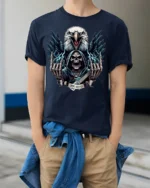 Crypt Keeper Skull T-Shirt with Eagle and Guitar - model wearing navy shirt, hands in pockets