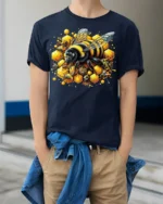 Honey Bee and Honeycomb T-Shirt for Nature Lovers - model wearing navy shirt, hands in pockets