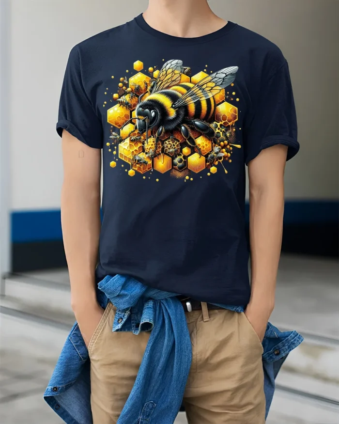 Honey Bee and Honeycomb T-Shirt for Nature Lovers - model wearing navy shirt, hands in pockets