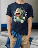 Cyborg Anime Robot T-Shirt with Broken Face Art - model wearing navy shirt, hands in pockets