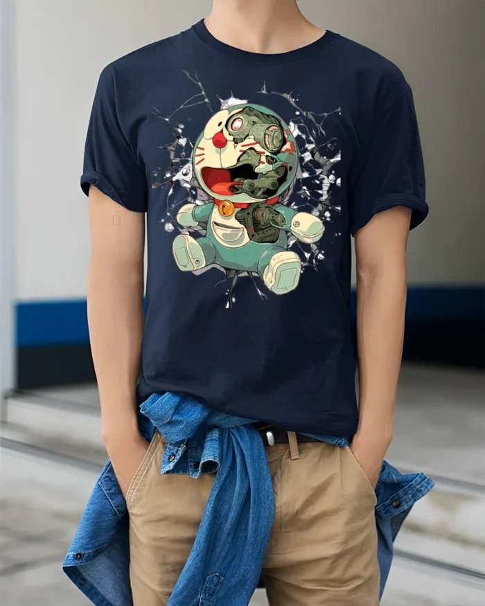 Cyborg Anime Robot T-Shirt with Broken Face Art - model wearing navy shirt, hands in pockets