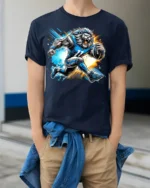 Lion Football Player T-Shirt Cool Sports Graphic Tee - model wearing navy shirt, hands in pockets