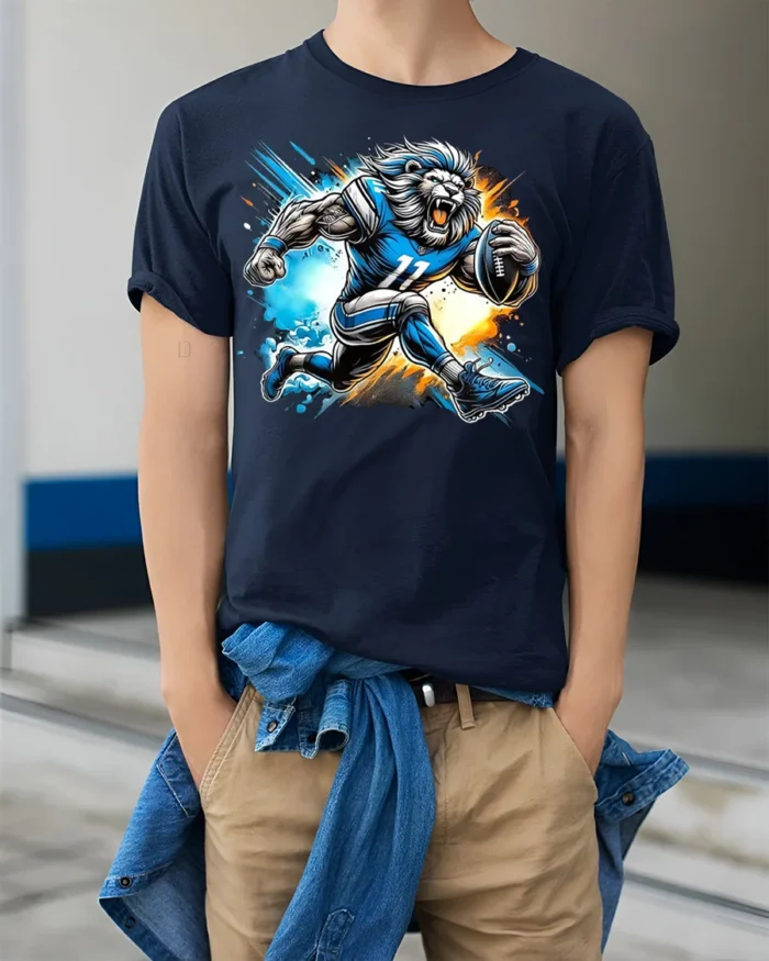 Lion Football Player T-Shirt Cool Sports Graphic Tee - model wearing navy shirt, hands in pockets