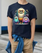 Cute Colorful Monster Family T-Shirt for Kids and Fun - model wearing navy shirt, hands in pockets