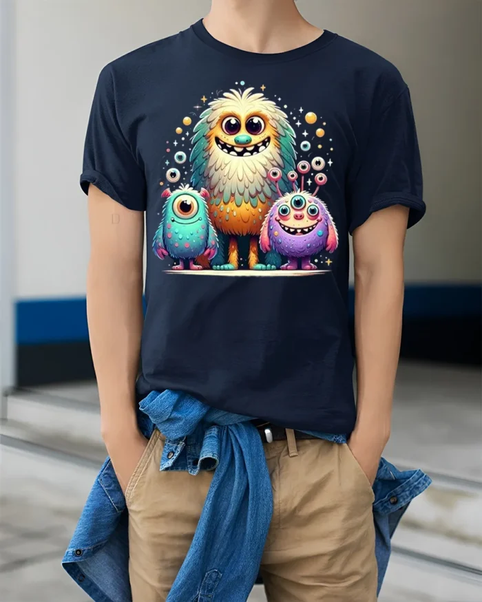 Cute Colorful Monster Family T-Shirt for Kids and Fun - model wearing navy shirt, hands in pockets