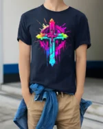Neon Christian Cross T-Shirt Vibrant Faith Graphic - model wearing navy shirt, hands in pockets
