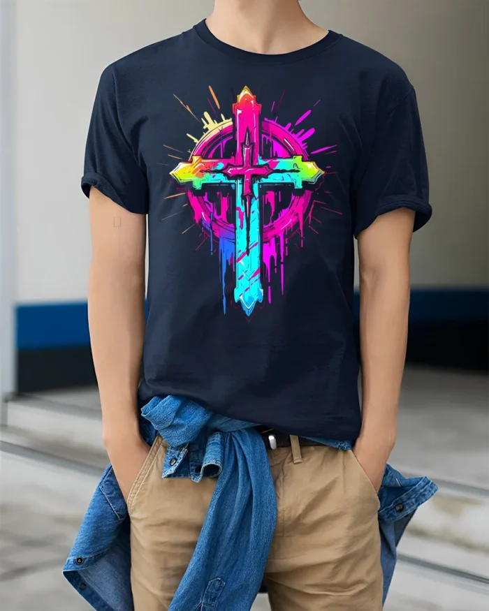 Neon Christian Cross T-Shirt Vibrant Faith Graphic - model wearing navy shirt, hands in pockets