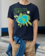 Green Trend Sustainability Mindset Eco-Friendly T-Shirt - model wearing navy shirt, hands in pockets