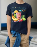 Summer Vibes Fruit Drink T-Shirt Cool Tropical Tee - model wearing navy shirt, hands in pockets