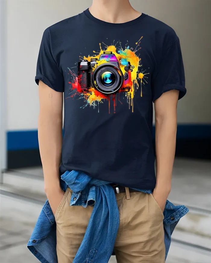 Colorful Camera Photographer T-Shirt Retro Art Style - model wearing navy shirt, hands in pockets