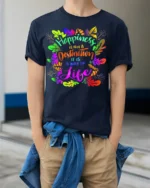 Happiness Way of Life T-Shirt Inspirational Quote - model wearing navy shirt, hands in pockets