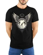 Vintage Winged Clock T-Shirt Gothic Steampunk Design - model wearing black shirt, hands behind back