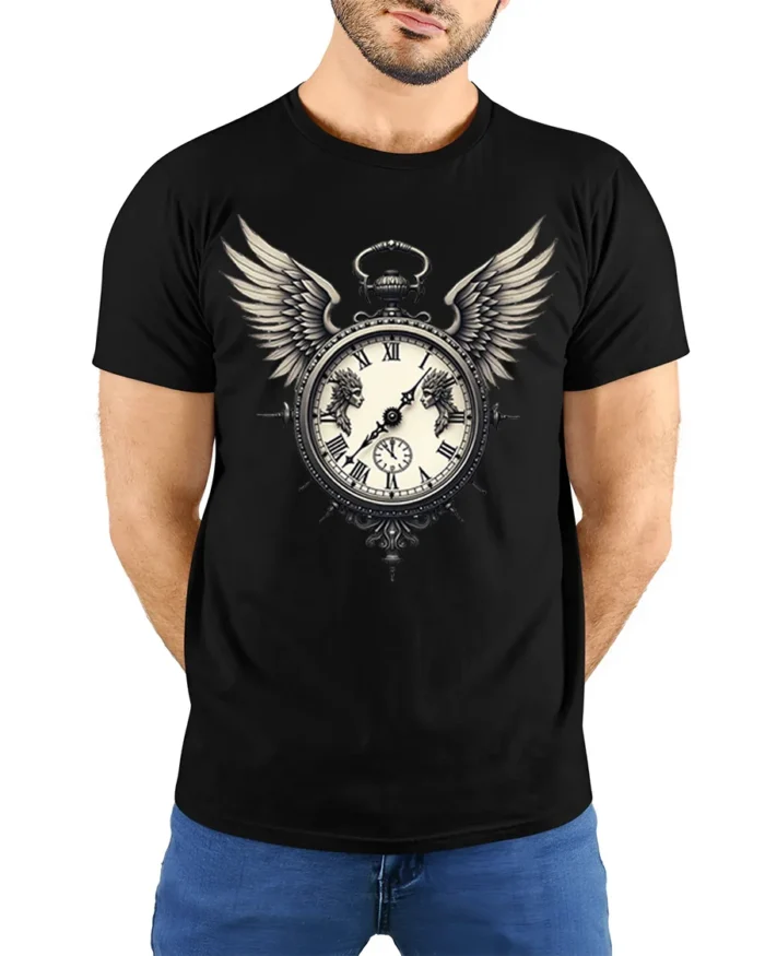 Vintage Winged Clock T-Shirt Gothic Steampunk Design - model wearing black shirt, hands behind back