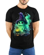 Cute Halloween Witch Ghost T-Shirt for Spooky Fun - model wearing black shirt, hands behind back