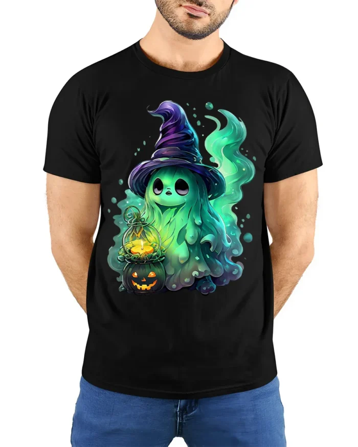 Cute Halloween Witch Ghost T-Shirt for Spooky Fun - model wearing black shirt, hands behind back