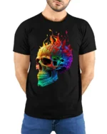 Rainbow Flame Skull T-Shirt for Bold Style Lovers - model wearing black shirt, hands behind back