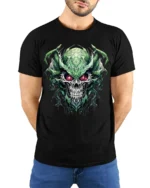 Dark Demon Skull T-Shirt with Glowing Red Eyes - model wearing black shirt, hands behind back