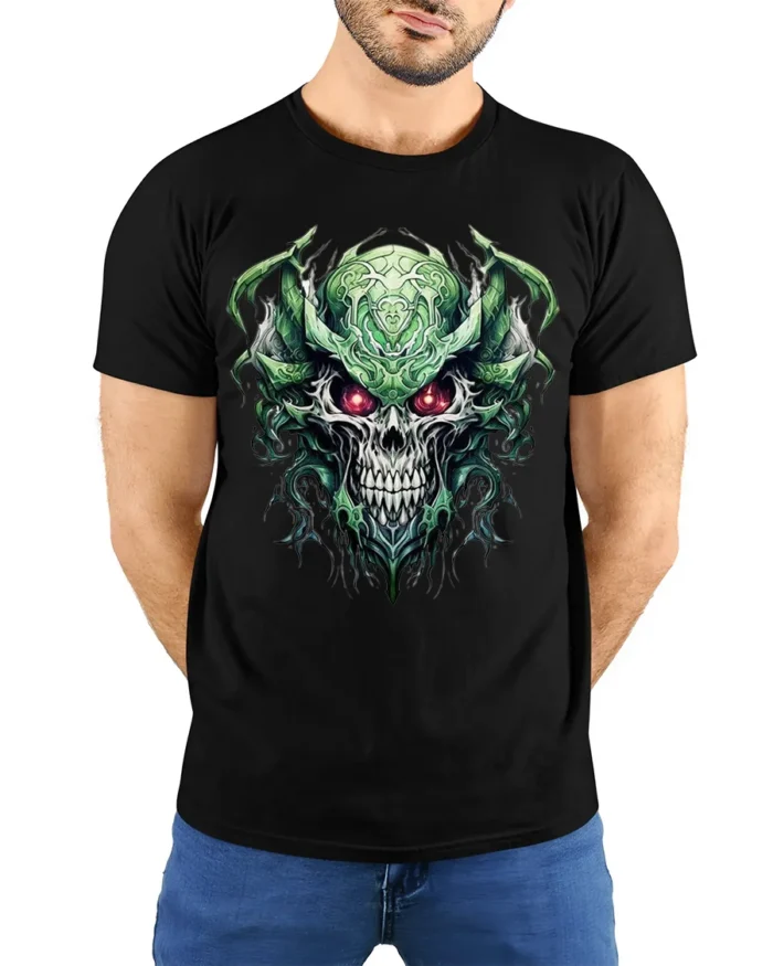 Dark Demon Skull T-Shirt with Glowing Red Eyes - model wearing black shirt, hands behind back