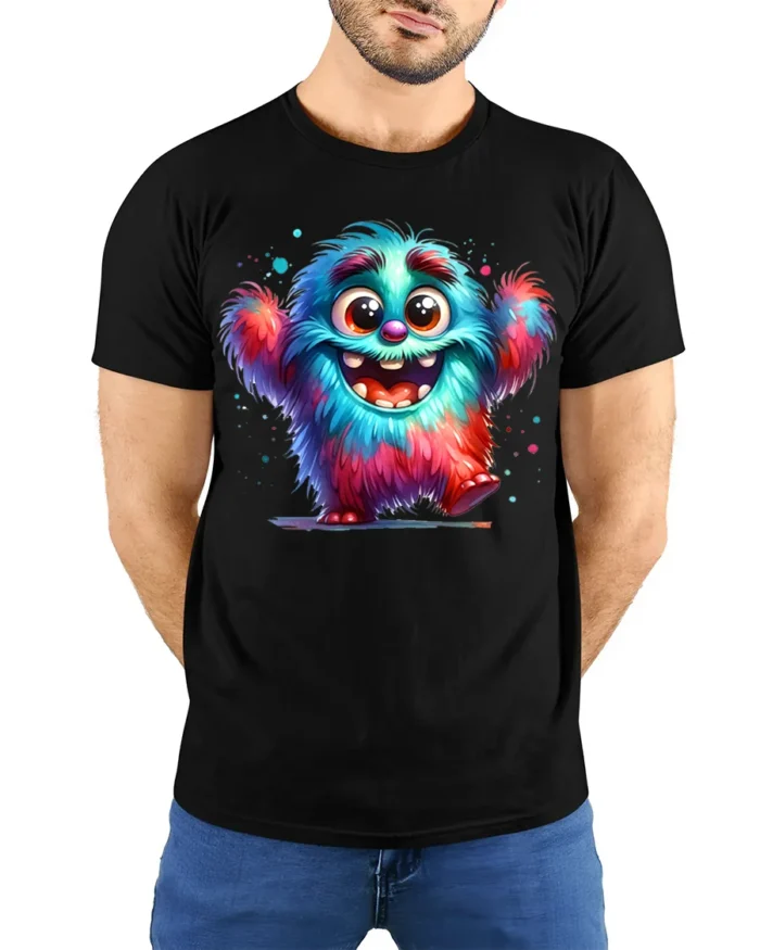 Colorful Happy Monster T-Shirt for Fun-Loving Vibes - model wearing black shirt, hands behind back