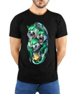 Three-Headed Green Wolf T-Shirt for Mythic Power - model wearing black shirt, hands behind back