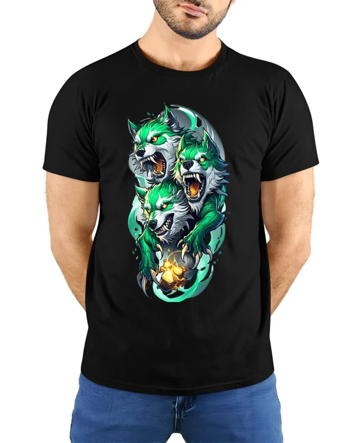 Three-Headed Green Wolf T-Shirt for Mythic Power - model wearing black shirt, hands behind back