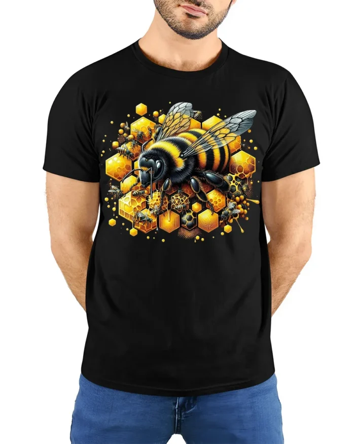 Honey Bee and Honeycomb T-Shirt for Nature Lovers - model wearing black shirt, hands behind back