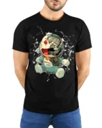Cyborg Anime Robot T-Shirt with Broken Face Art - model wearing black shirt, hands behind back