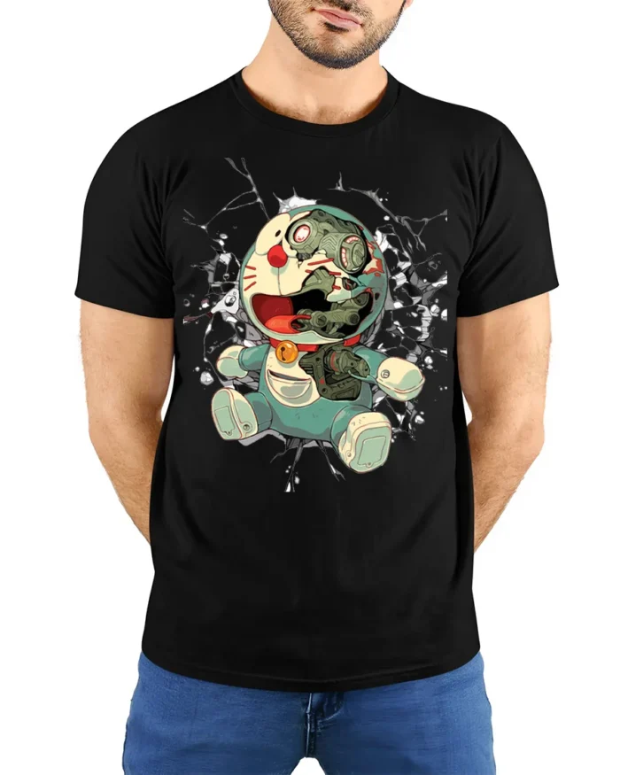 Cyborg Anime Robot T-Shirt with Broken Face Art - model wearing black shirt, hands behind back