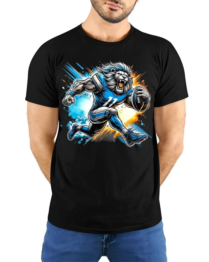 Lion Football Player T-Shirt Cool Sports Graphic Tee - model wearing black shirt, hands behind back