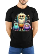 Cute Colorful Monster Family T-Shirt for Kids and Fun - model wearing black shirt, hands behind back