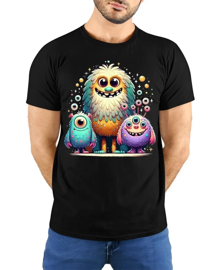 Cute Colorful Monster Family T-Shirt for Kids and Fun - model wearing black shirt, hands behind back