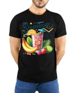 Summer Vibes Fruit Drink T-Shirt Cool Tropical Tee - model wearing black shirt, hands behind back