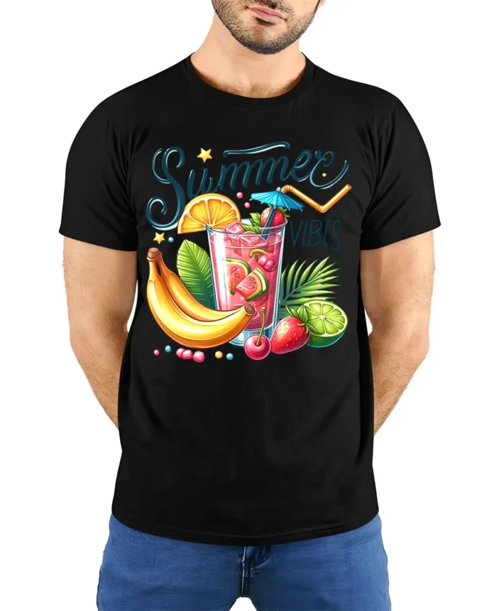 Summer Vibes Fruit Drink T-Shirt Cool Tropical Tee - model wearing black shirt, hands behind back