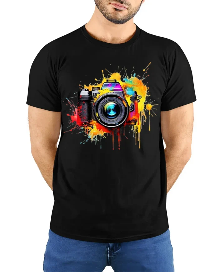 Colorful Camera Photographer T-Shirt Retro Art Style - model wearing black shirt, hands behind back