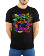 Happiness Way of Life T-Shirt Inspirational Quote - model wearing black shirt, hands behind back