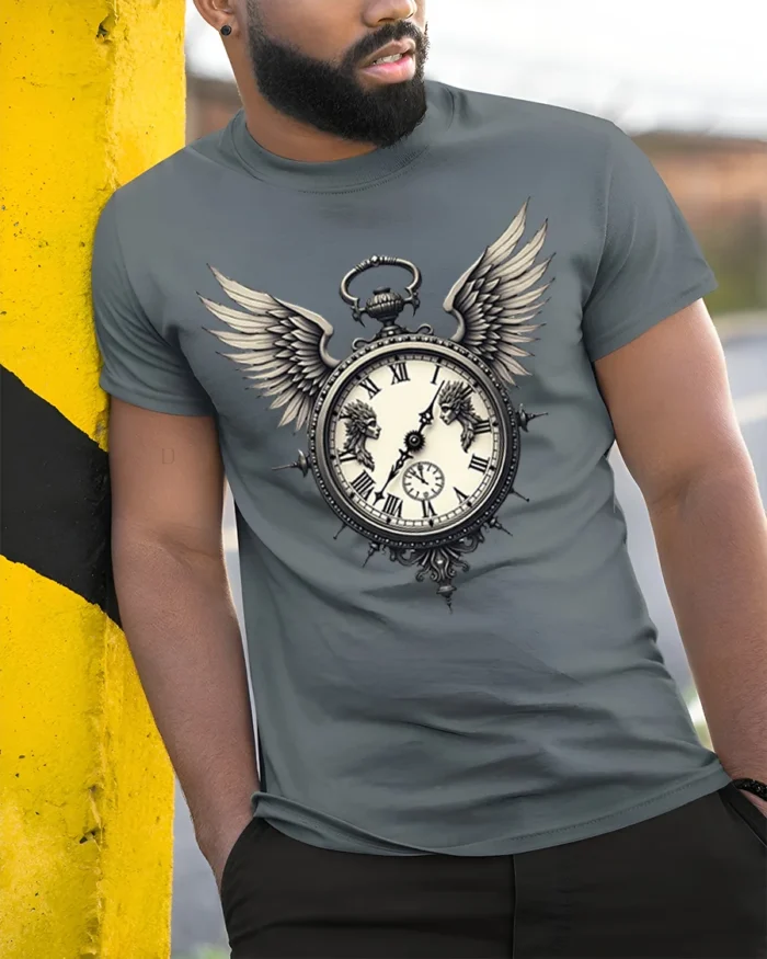 Vintage Winged Clock T-Shirt Gothic Steampunk Design - model in grey shirt leaning against column